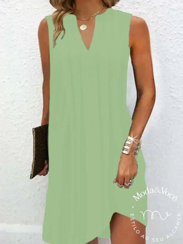 Vestido Largo Casual De Cor Sólida Com Decote Em V Verde